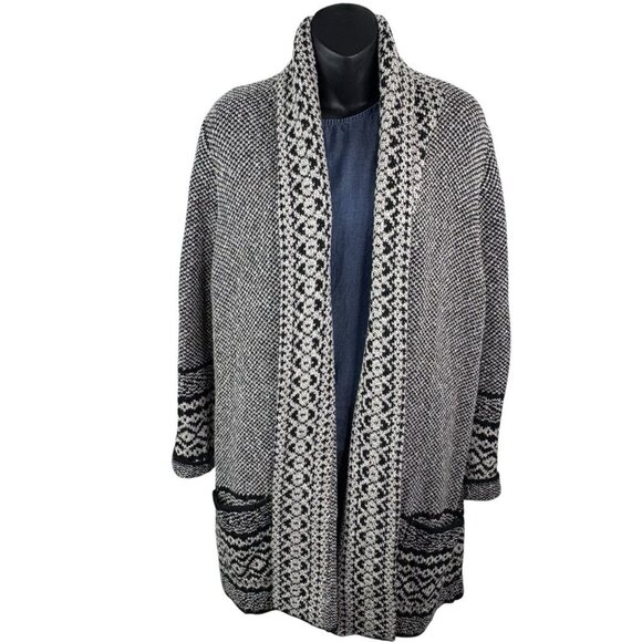 Lucky Brand Shawl Cardigan Open Black White Geometric Sweater Women’s 1X Warm - Picture 1 of 15